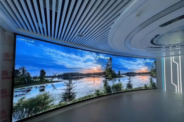 Curved Jumbotron screen for home displaying nature visuals