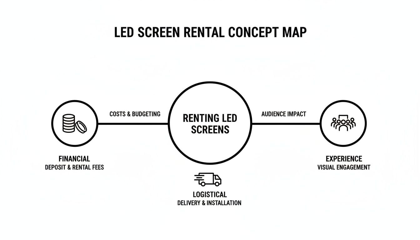 LED screen rental concept map outlining financial, logistical, and experience considerations for event planning.