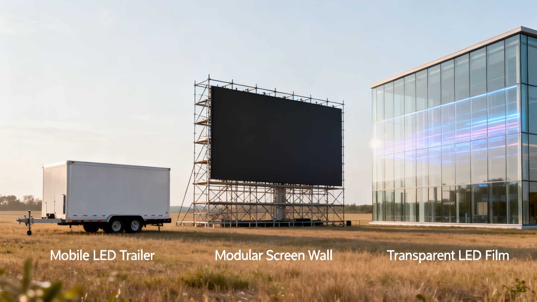 Three different outdoor LED screen types: a mobile trailer, a modular screen wall, and transparent film on a building.