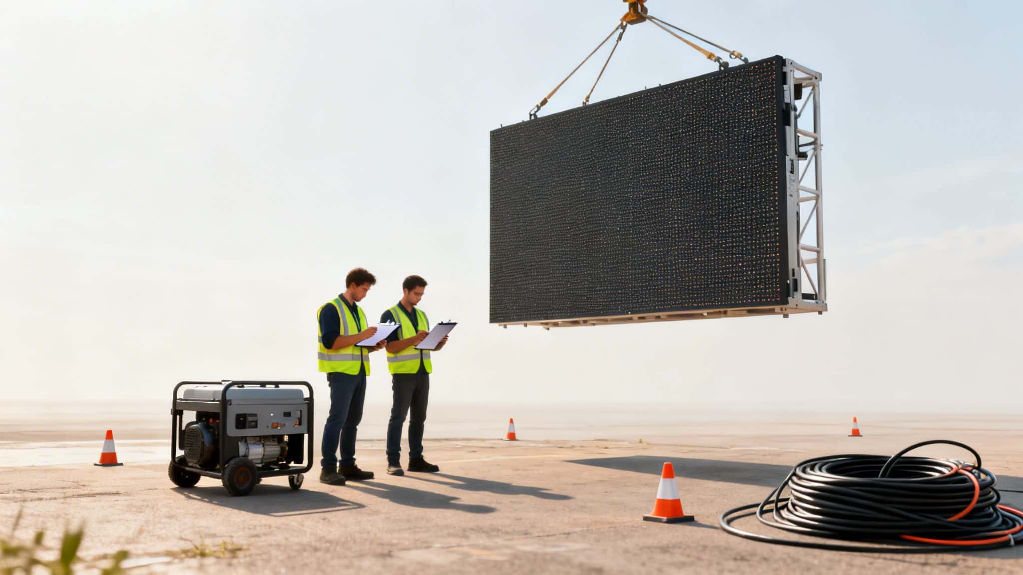 Two workers in safety vests supervise the installation of a large outdoor LED screen using a crane.