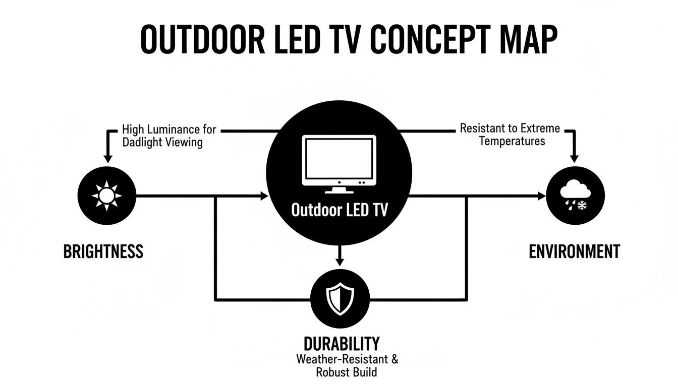 A concept map illustrating key features of an Outdoor LED TV, covering brightness, environment, and durability.