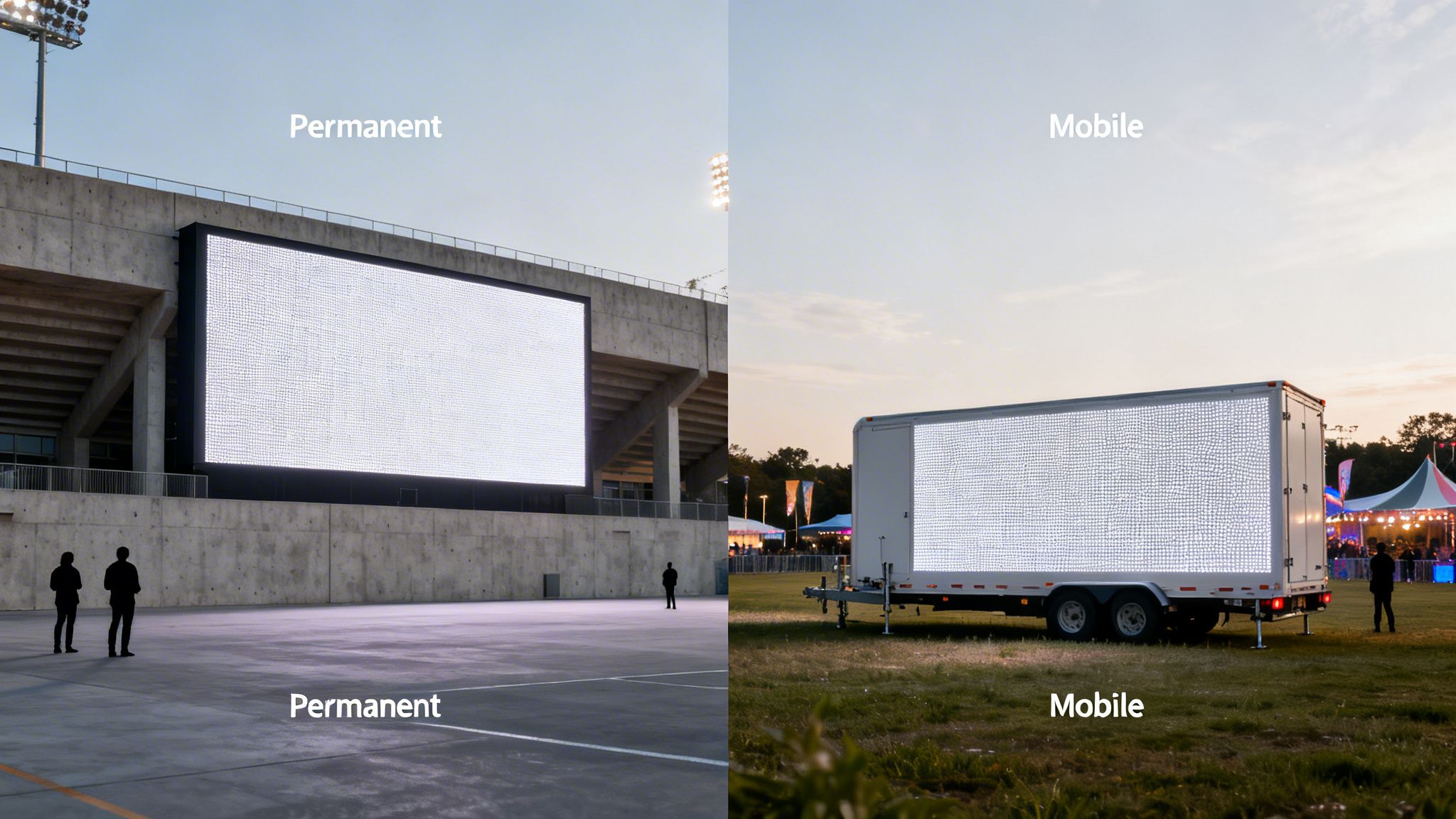 Two outdoor LED screens, one permanently installed at a stadium and one mobile on a trailer in a field.