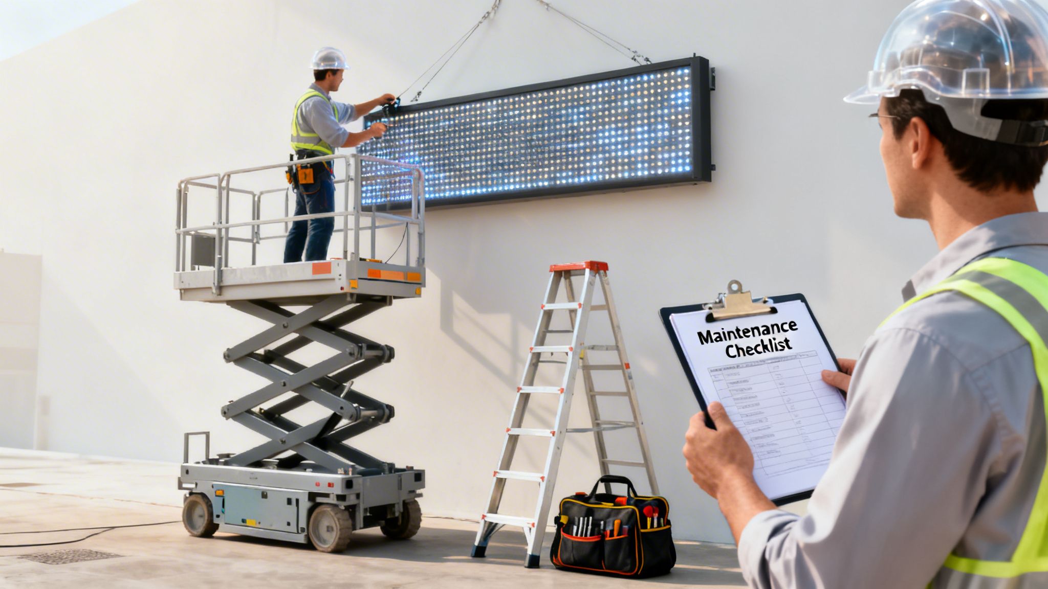 Two technicians installing or maintaining a bright outdoor LED display, one on a scissor lift, the other reviewing a maintenance checklist.