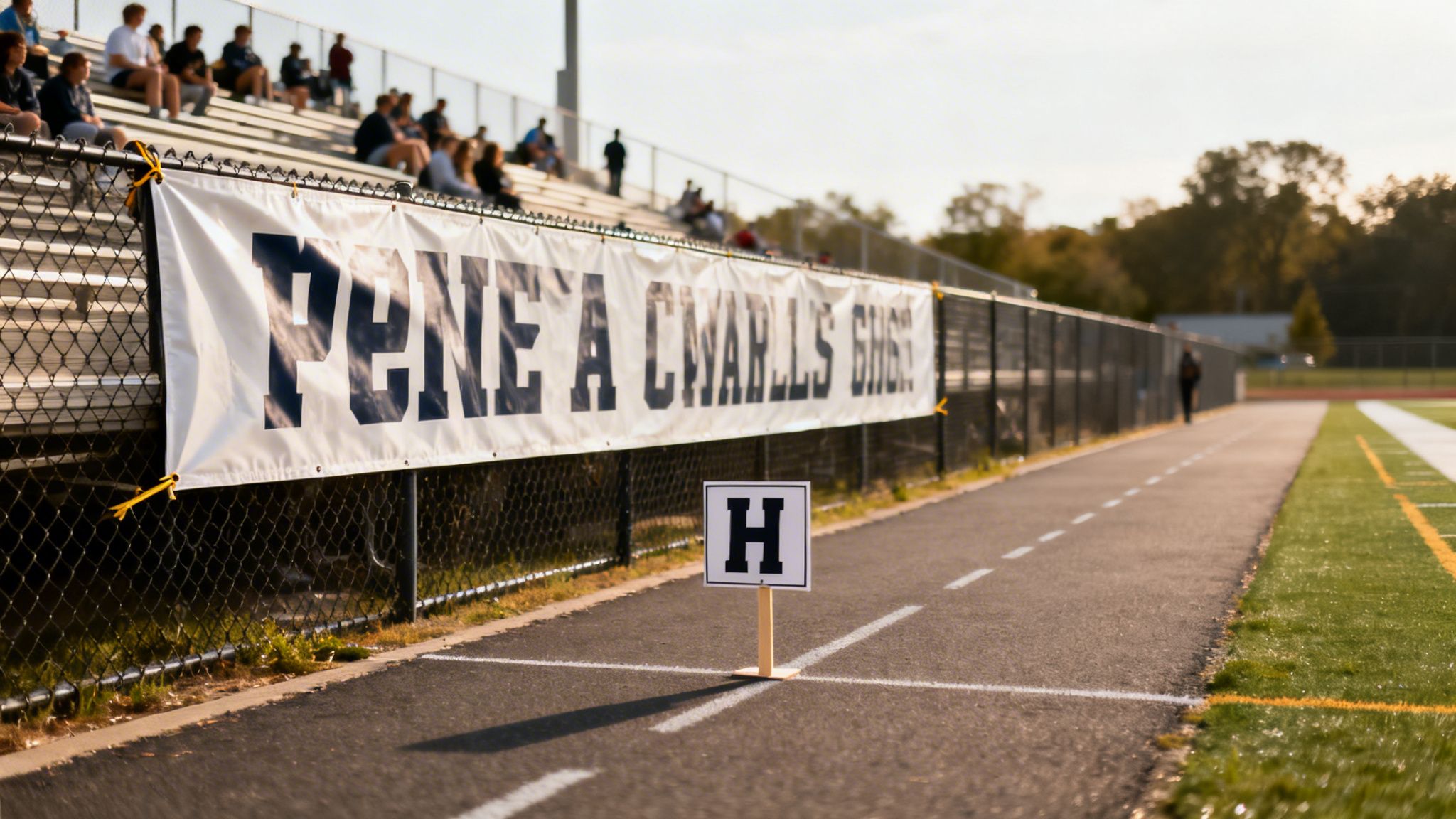 Banner and 'H' sign on a track next to bleachers at a sports field.