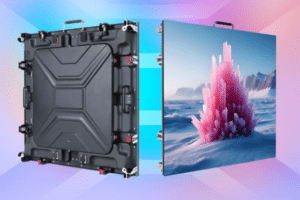 Front and back view of an LED screen panel showing display and cabinet housing