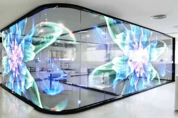 Transparent LED screen displaying floral visuals in a glass enclosure